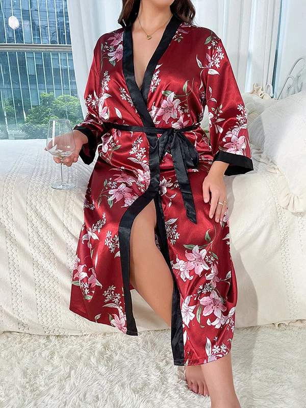 

Women's Ice Silk Robe Long Printed Belted Summer New Arrival Sexy Morning Gown plus Size Floral Patterned Home Wear