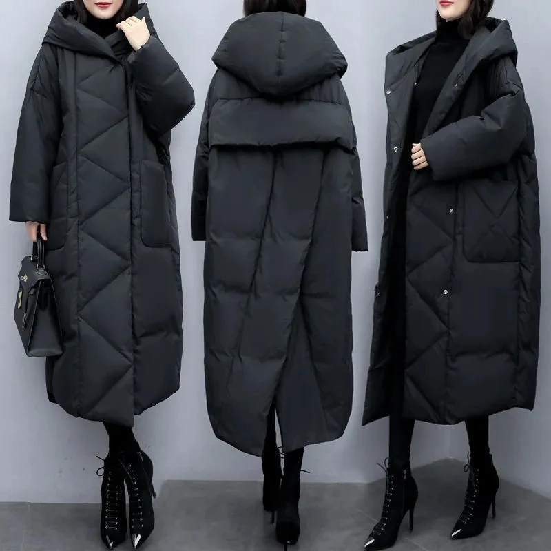 Winter Puffer Jacket Korean Loose Thick Warm Black Hooded Coat 2023 Women Down Cotton Parkas Women Long Overcoat Parka Outerwear