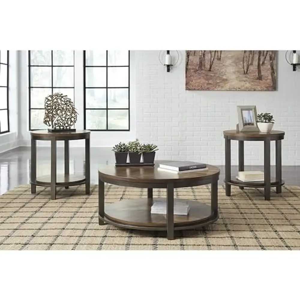 Rustic Round 3-Piece Table Set Coffee Table and 2 End Tables Farmhouse Country Design Fixed Shelf Dark Bronze Accents Easy