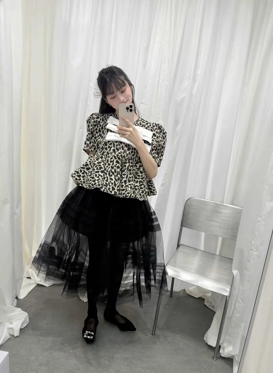 Sweet Cool 3D  Knot Leopard Print Short Sleeve Women's Top Summer Bubble Sleeve Doll Shirt Slimming Short Length