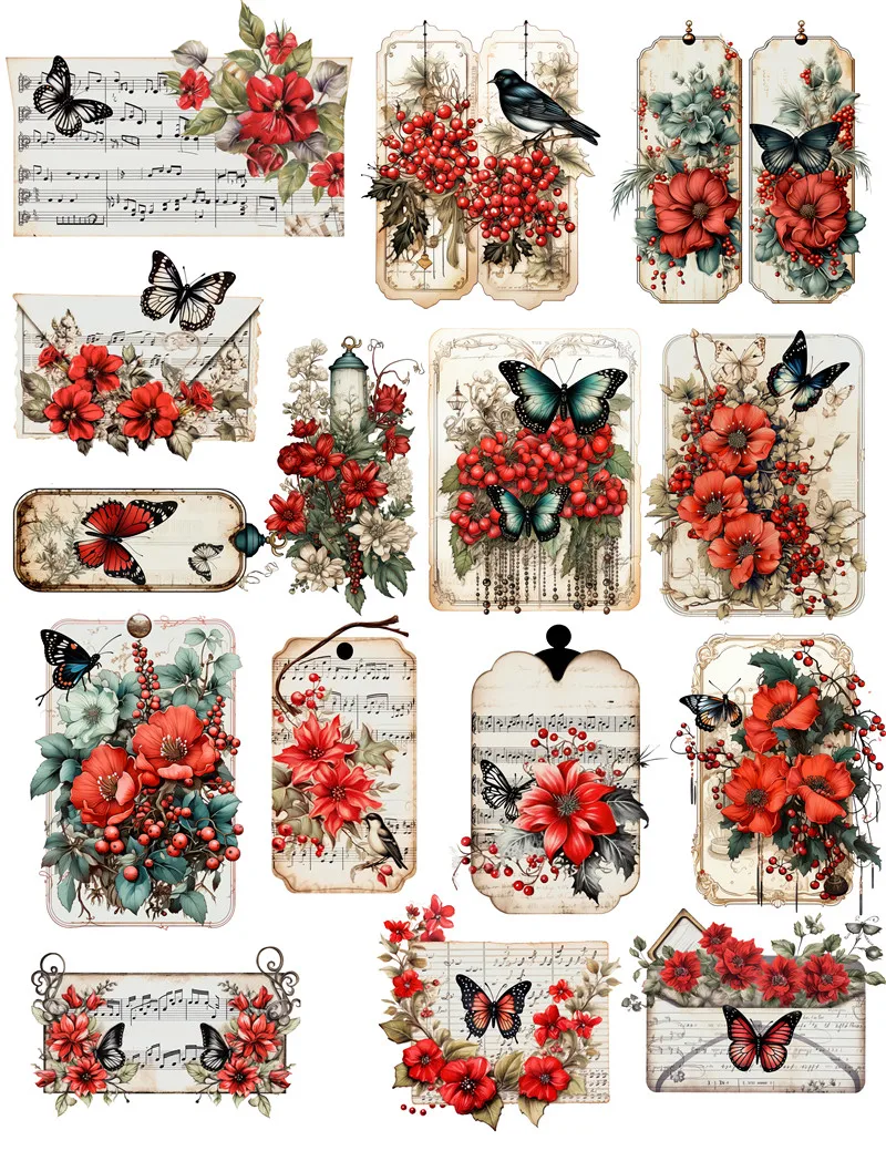 15Pcs/Pack Retro Red Note Butterfly Label Sticker DIY Craft Scrapbooking Album Junk Journal Decorative Stickers