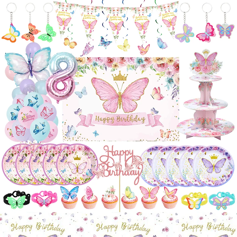 Butterfly Birthday Party Decoration Butterfly Birthday Decoration Tableware Paper Cup Plate Balloon Backdrop Girl Party Supplies