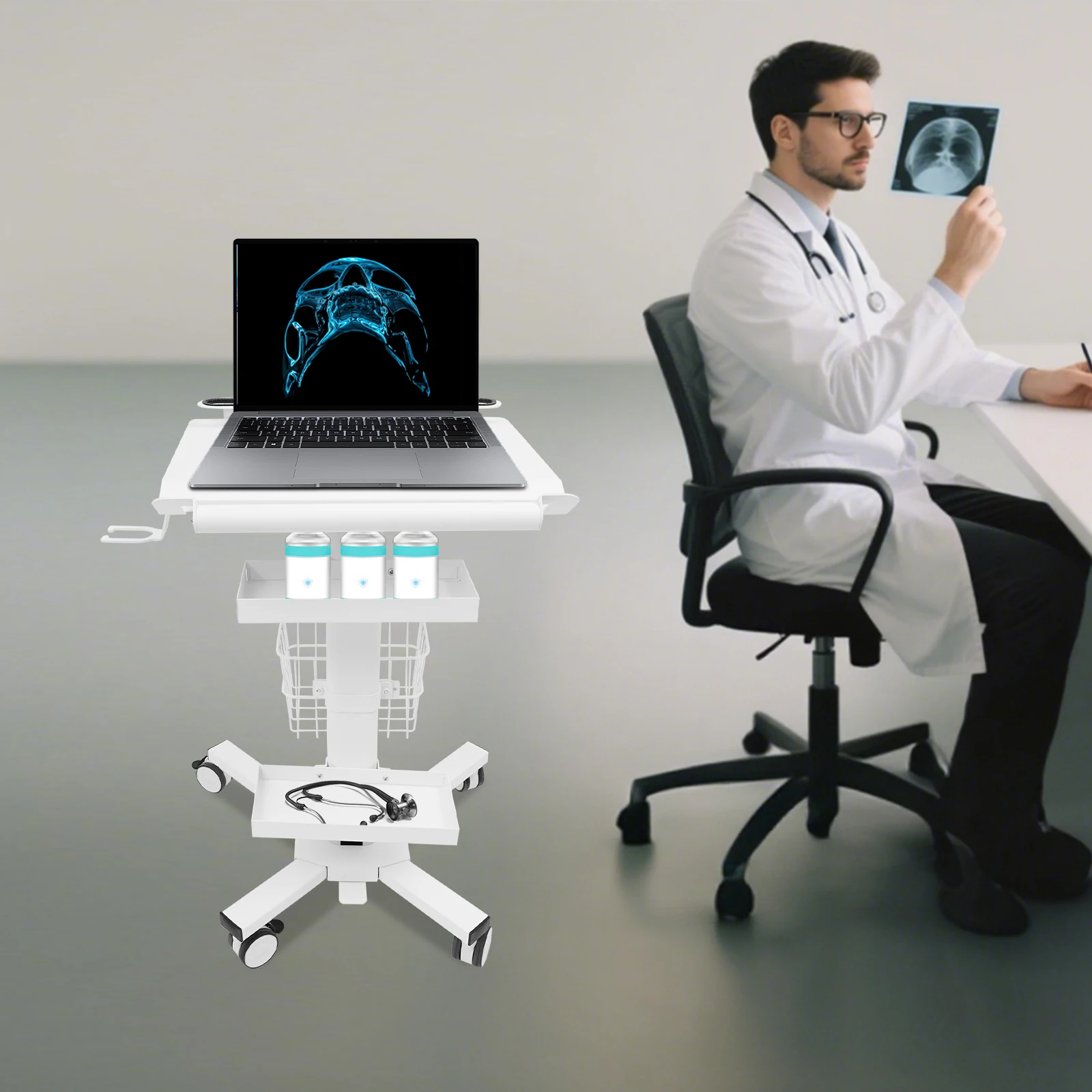 

Белая отдельно стоящая тележка для медицинской рабочей станции для ноутбука с колесами и держателем сканера для стоматологического офиса, больницы, клиники, SPAs и т. д.