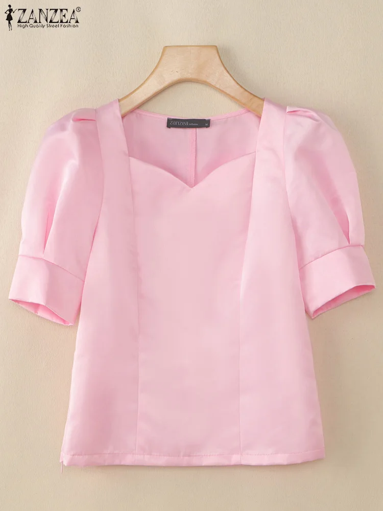 ZANZEA Elegant Woman Shiny Satin Blouses Fashion Square Neck Short Puff Sleeve Blusas Mujer Summer 2025 Classy Solid Short Tops