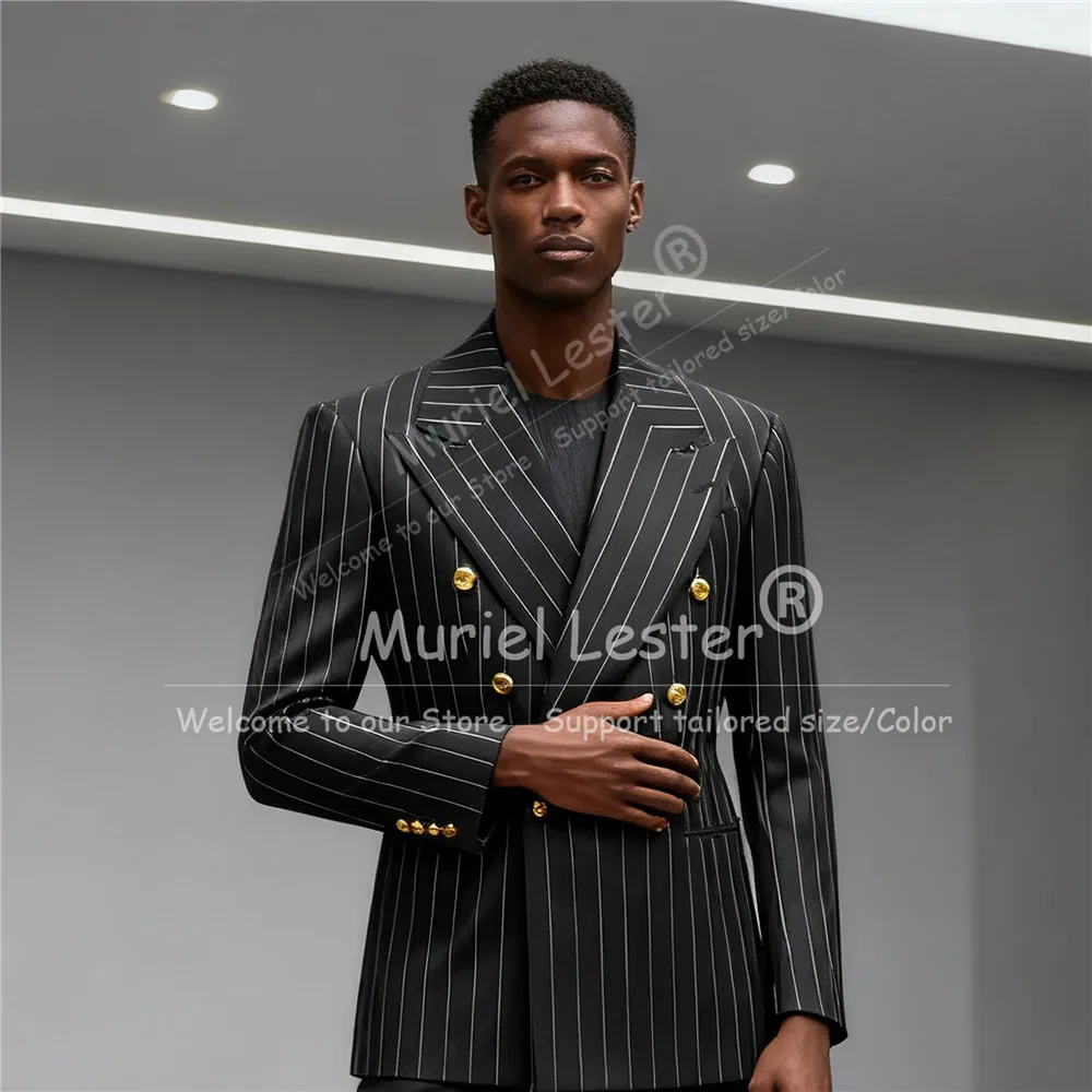 

Pinstripe Men Suits 2 Pieces Double Breasted Groom Blazer Customized Stripes Man Business Attire Wedding Tuxedos Ropa Hombre