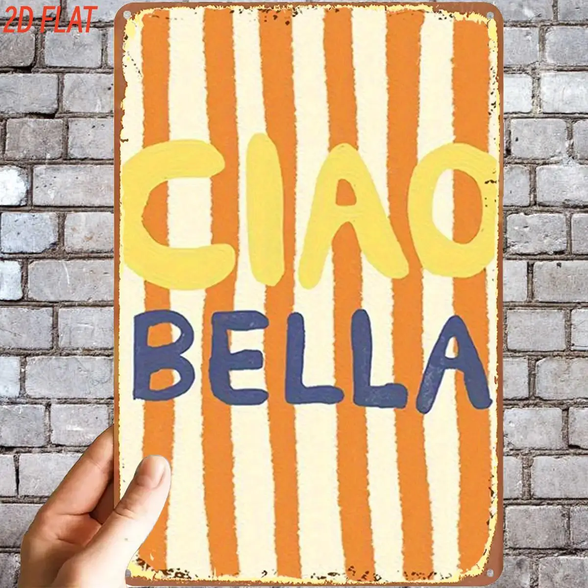 2D Flat, 1pc, Retro Ciao Bella Striped Tote Metal Iron Sign, Pre-Drilled Holes, Suitable for Indoor, Garden, Outdoor, Home, Offi