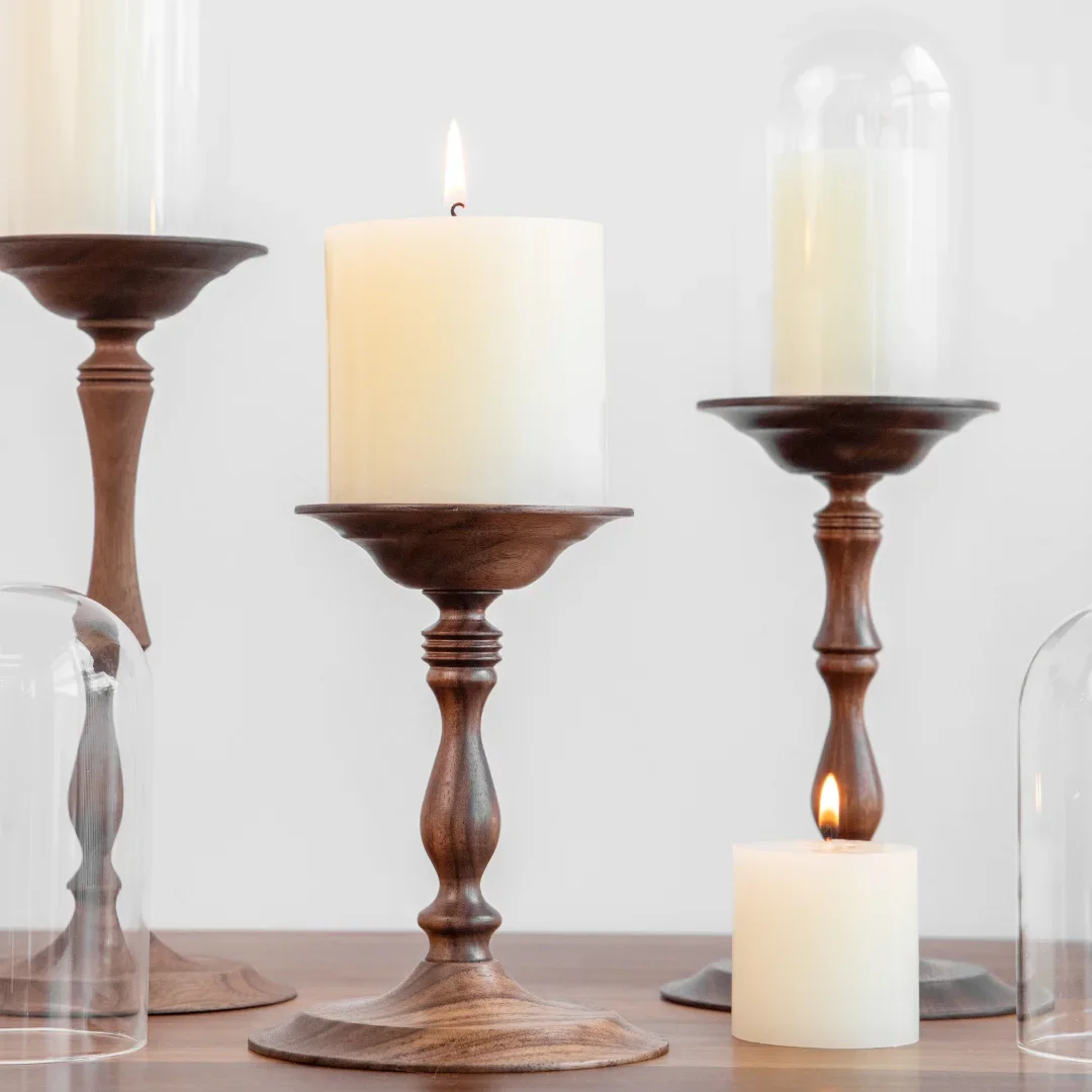 HeMu Vintage Natural Walnut Wood Candle Holder,Tall Wooden Candlestick,Decorative Candle Stand for Home,Wedding,Party & Festival