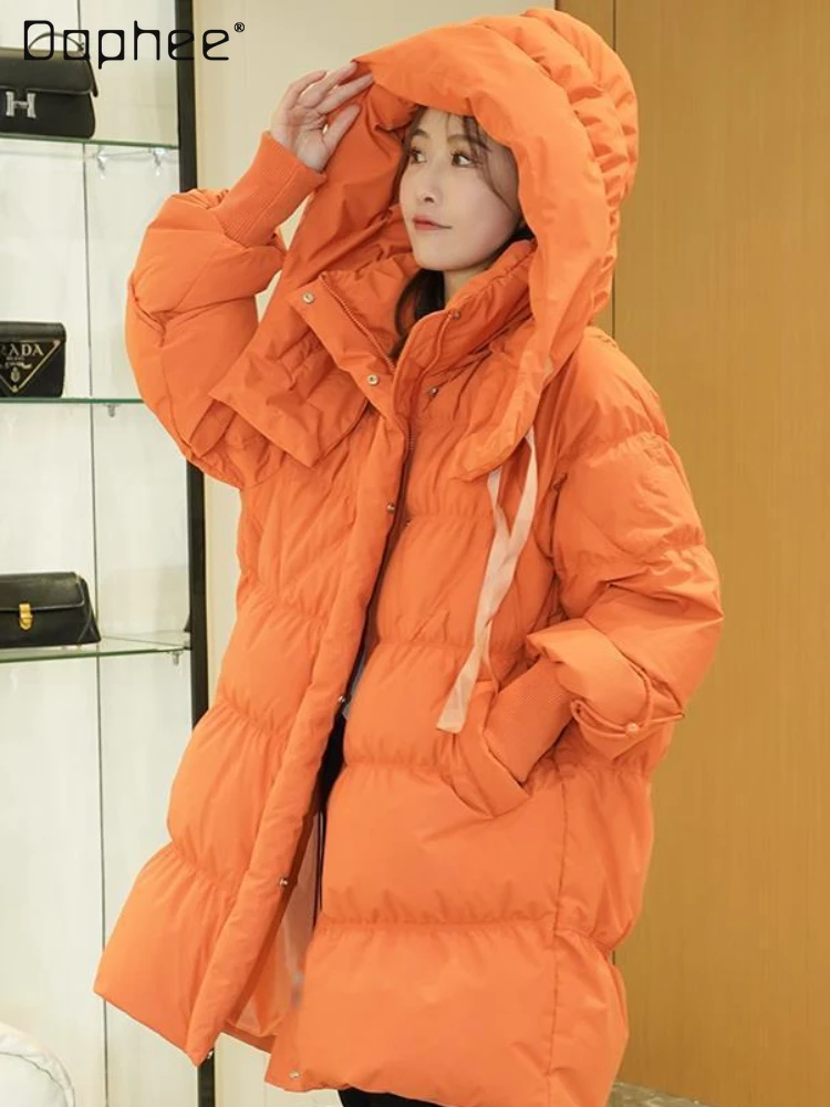 Winter Warm Hooded Orange Mid-Length Down Jacket Female 2023 New Popular Woman Loose Long Sleeve Thickened White Duck Down Coat