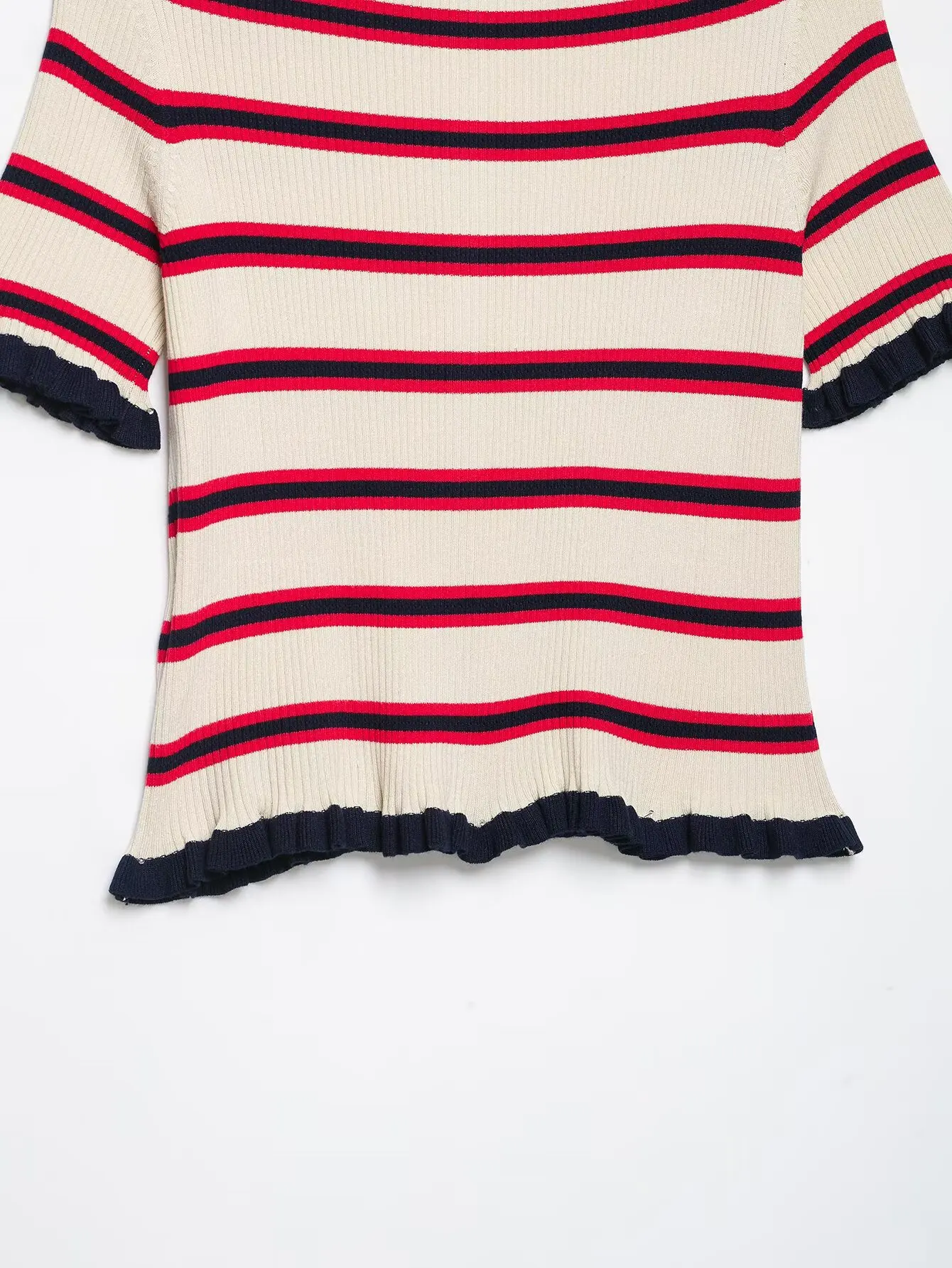 BSAY Neuer Preppy-Style Gestreifter Strickpullover für Damen Kontrast-Kragen Kurzarm Rüschenkante Knopfleiste Slim Fit Sommer Strickbluse – Detail 9