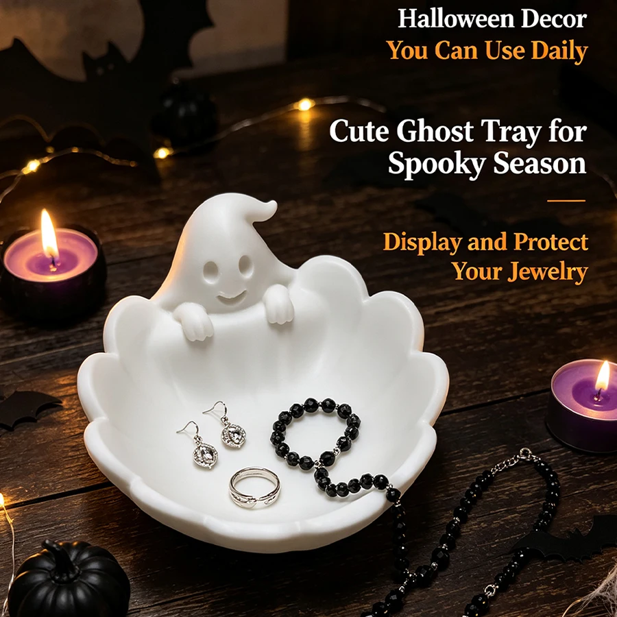 Trendy New Matte White Ghost-Shaped Multifunctional Jewelry Tray, 3D Ghost Scallop-Shaped Edge Design Jewelry Dish, Ring Earring Necklace Storage Rack, Jewelry Display and Storage Stand, Vanity Table Bedside Table Entryway Bathroom Miscellaneous Storage Tray, Dark Gothic Style with Soft Matte Texture and Smooth Touch, Daily Jewelry Storage Desktop Decoration Piece, Halloween Decoration Gift, Birthday Gift for Her, Great Item for Jewelry Enthusiasts