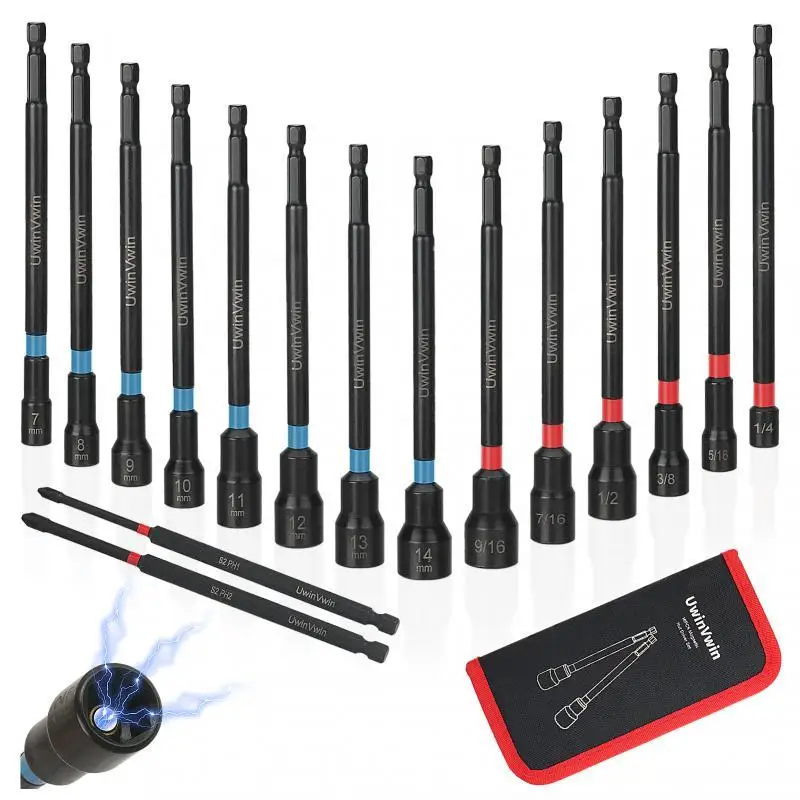 16PCS Magnetic Nut Driver Set, SAE & Metric Nut Driver Set with 6 Inch Long Shank Nut Drivers for Impact Drills, 1/4" Hex Shank,