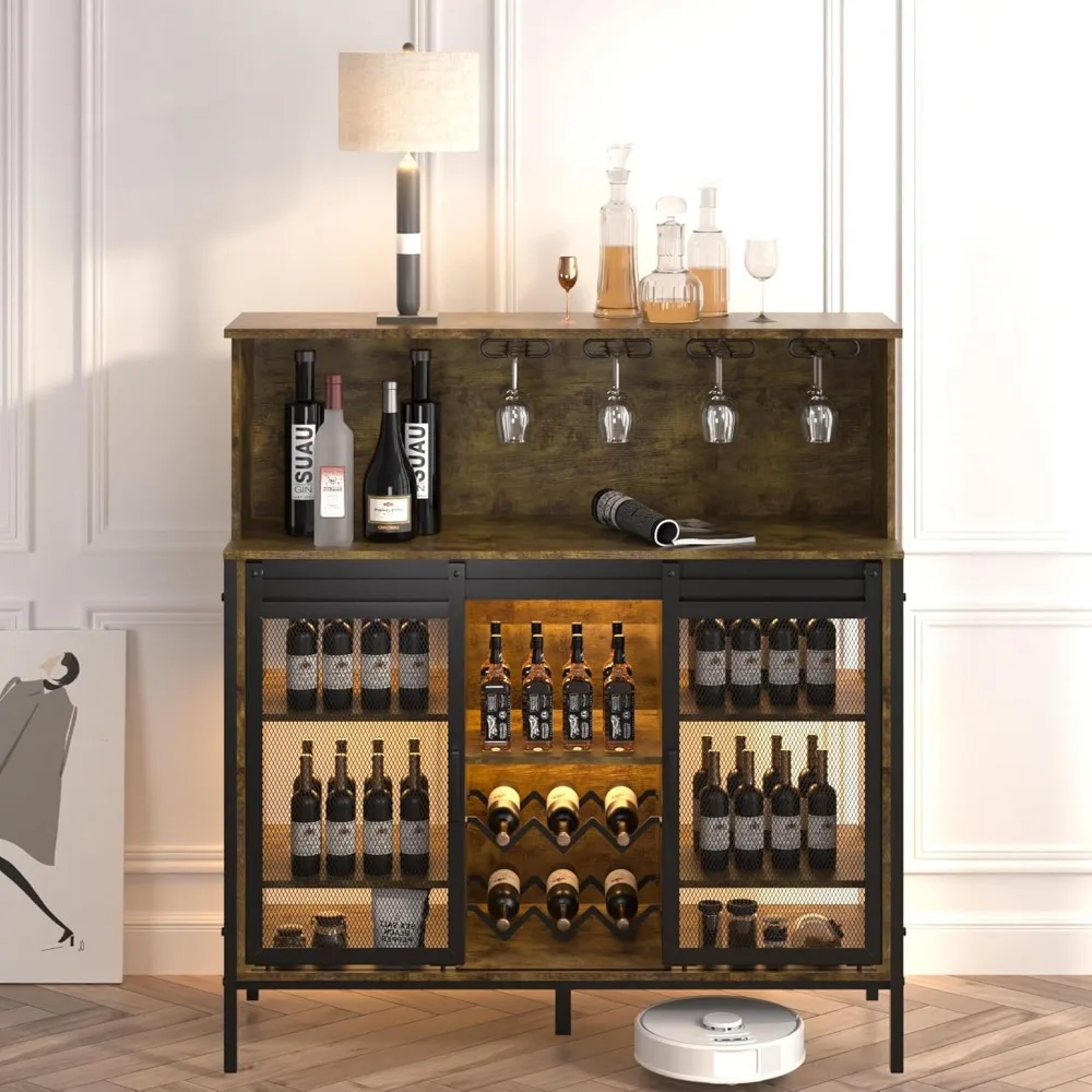 

Industrial Wine Bar Cabinet with Storage, Rustic Wood and Metal Liquor Cabinet with Mesh Doors, Wine Rack, Open and Adjustable