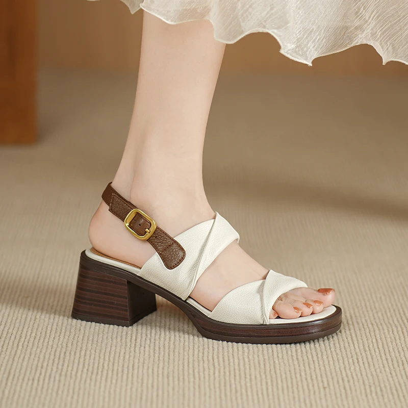 

Retro Genuine Leather Women Sandals 2025 Summer New Shoes Open Toe Rome Style High Heels Fashion Buckle Gladiator Shoes Woman