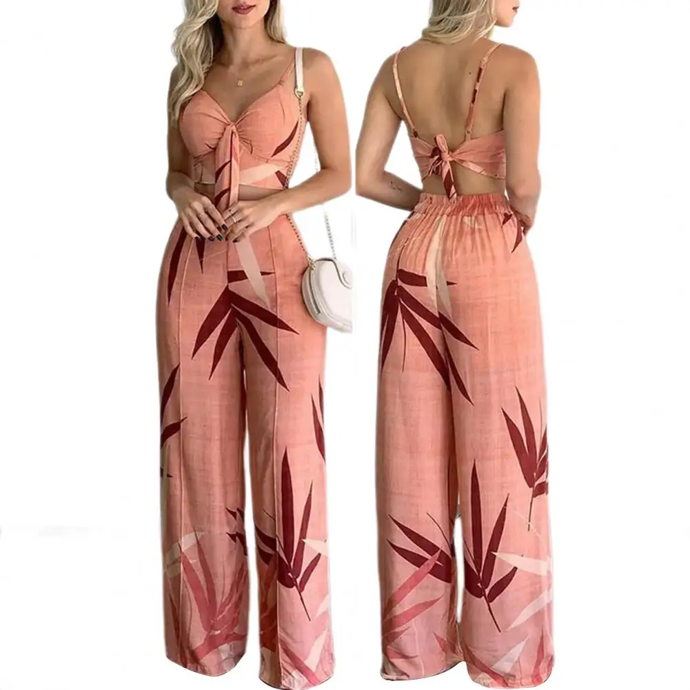 

Matching Top Wide-leg Pants Set Stylish Women's Resort Wear V Neck Backless Camisole Wide Leg Pants Set for Beach for Summer