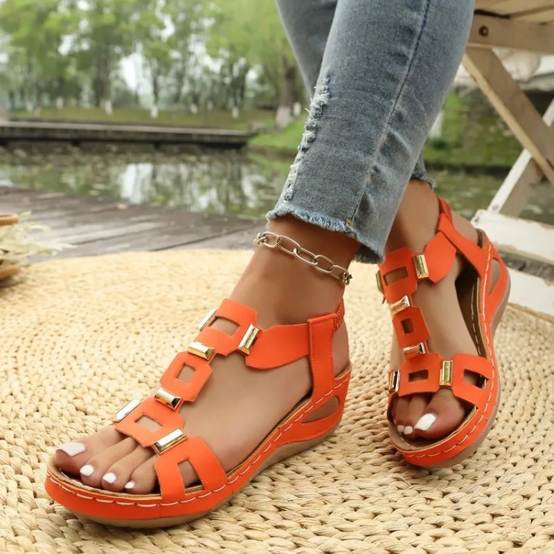 Damen-Keilsandalen mit Metall-Schnallenverzierung, elastischem Knöchelriemen, offener Zehenpartie, bequem, rutschfest, für den Sommer, lässige Damensandalen – Detail 6