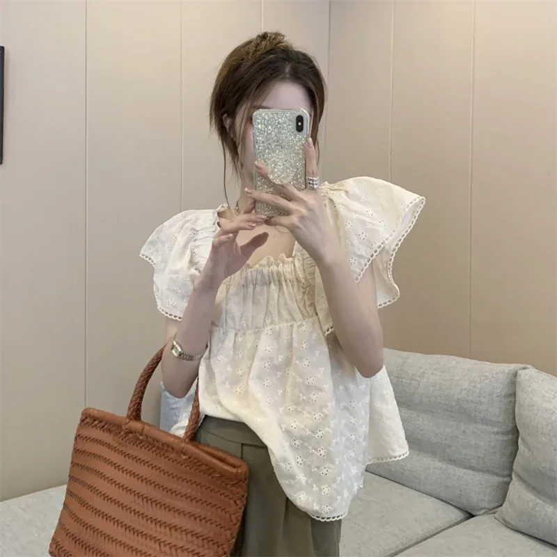 

French high-end feeling flying sleeve shirt women's spring 2023 new chic square collar hollow thin doll shirt top