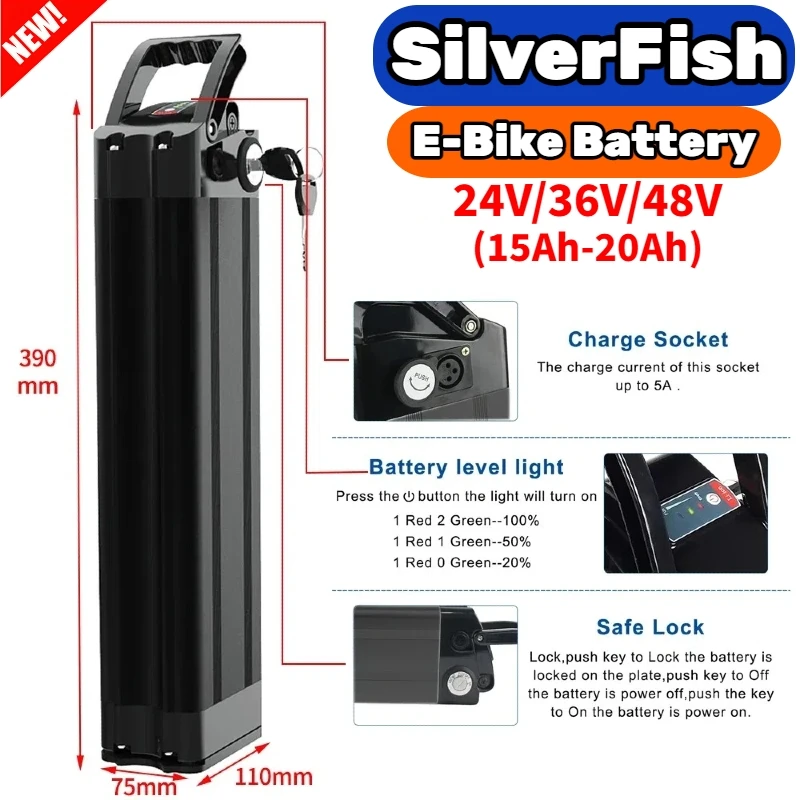 

Silver fish li-ion electric bicycle battery 24V/36V/48V, large capacity 15AH 20Ah, using high-quality 18650 battery with charger