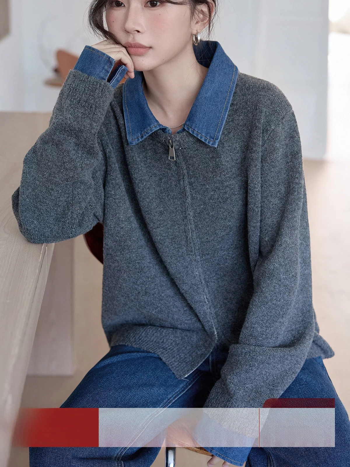 

HuiXi Denim Patchwork Knitwear Women's Double Zipper Open Cardigan Autumn Winter Seasonal Casual Style Regular Sleeve Length