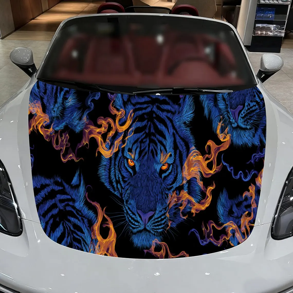 Car Decals A Tiger Design with Fiery Elements in a Bold, Patterned Textured Background with Artistic, Dynamic Visual Details Car