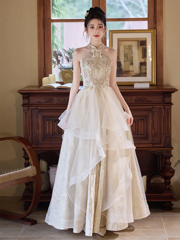 

Champagne Color New Chinese Sle Wedding Dr Ele Long Evening Gown for Women Autumn Winter High End Feeling Engagement...