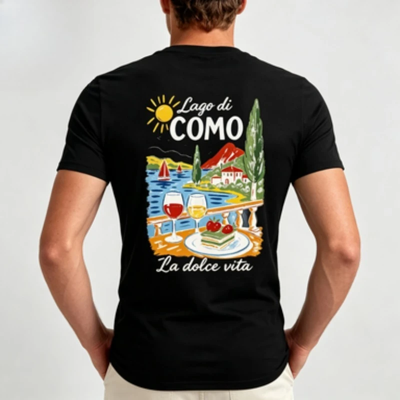Men  Neck Modal T‑Shirt Lago di Como Italy Scenery Wine Dessert Print Standard Fit Short Sleeve Casual Travel Male Daily Tops