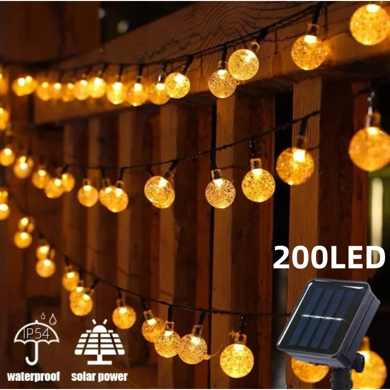 Solar String Lights Outdoor 200 Led Crystal Globe Lights Waterproof Solar Festoon Fairy Light for Garden Christmas Ramadan Decor