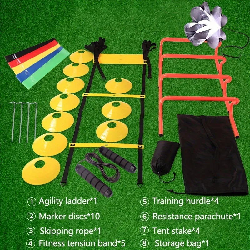 

Agile Speed Training Kit 4 Hurdles 20 Foot Ladder 12 Marker Cones Resistance Parachute Jump Rope Rally Piece for Soccer Training