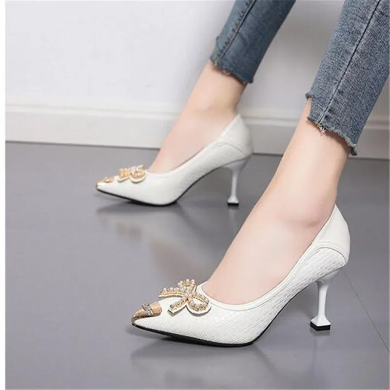 

White Shoes Striped Plaid Pointed Toe Stiletto Bow Fashion Pure Desire Nightclub Professional Wear Rhinestone High-heeled 5-7cm