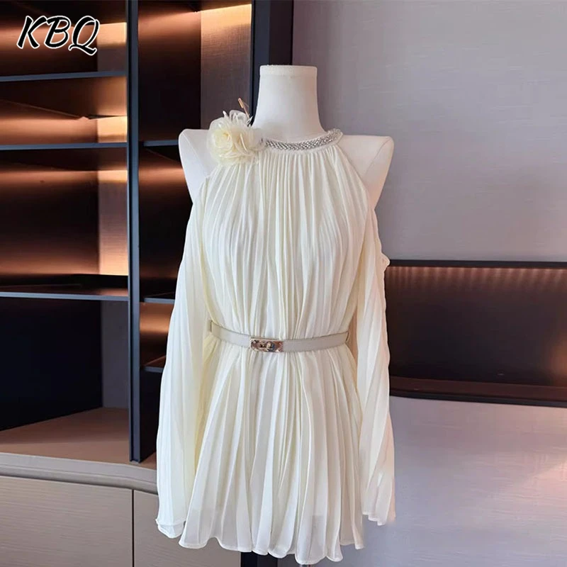 

KBQ Solid Spliced Appliques Tunic Blouse for Women Round Neck Sleeveless Patchwork Diamonds Folds Elegant Shirt Female Fashion