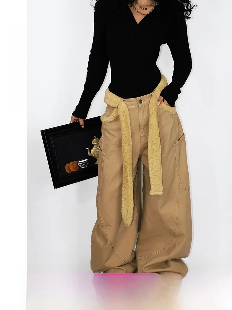 

American Style Casual Pants Women's Loose Slim Wide Leg Knife Pants Leather Paper Spring Vintage Workwear Cotton Natural Waist