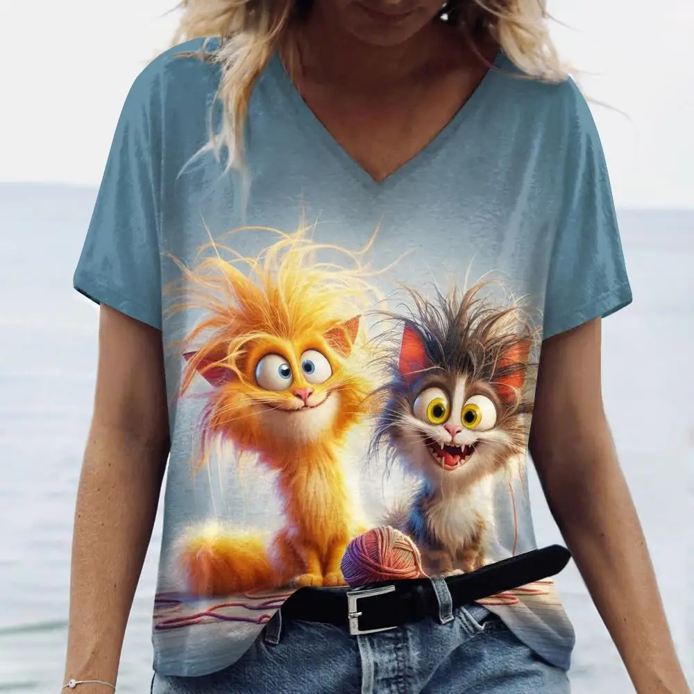 Women's T-shirt with Cat Print Casual Short-Sleeved 3D T-shirt Fashion New Street Wear V-neck Pullover for Women Oversized Cloth