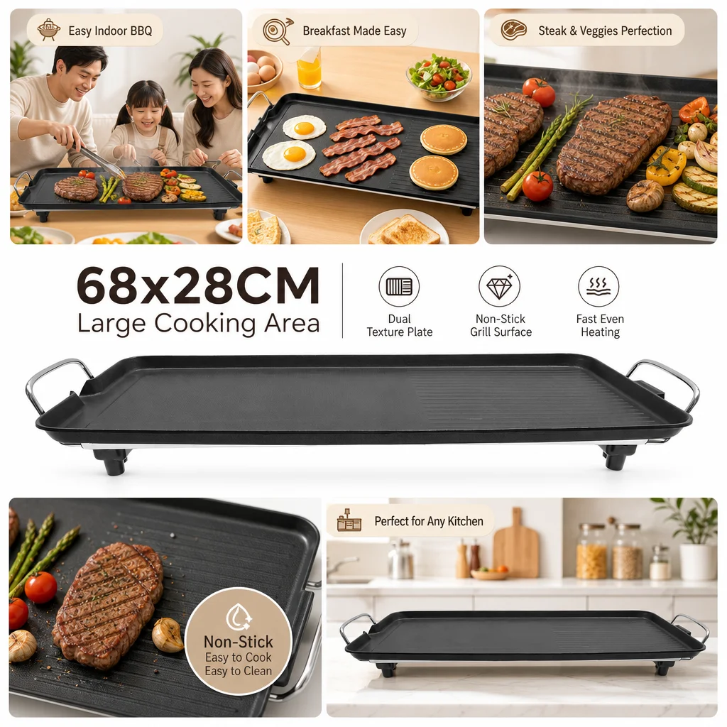 Griglia Elettrica 68x28cm per Barbecue all'Aperto, Campeggio e Giardino, 1500W 0-250 ℃   Griglia BBQ da Tavolo in Lega di Alluminio Antiaderente a 5 Livelli con Beccuccio di Scarico Olio e Supporto Regolabile, Nessun Montaggio Richiesto, per 1-6 Persone, Uso Interno ed Esterno
