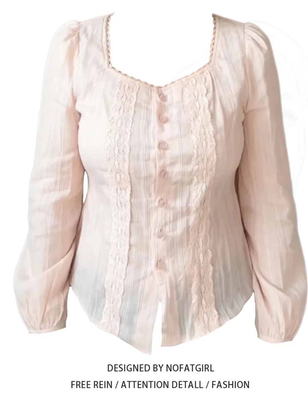 

plus Size Sweet Lace Long Sleeve Pink Shirt Women's Korean Style Beautiful Spring New Unique Top for Plump Sister