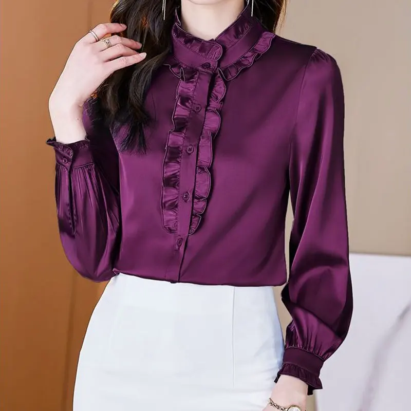 

Female Solid Color Stand Collar Ruffles Blouse Spring Autumn Commute Edible Tree Fungus Stylish Single-breasted Silk Folds Shirt