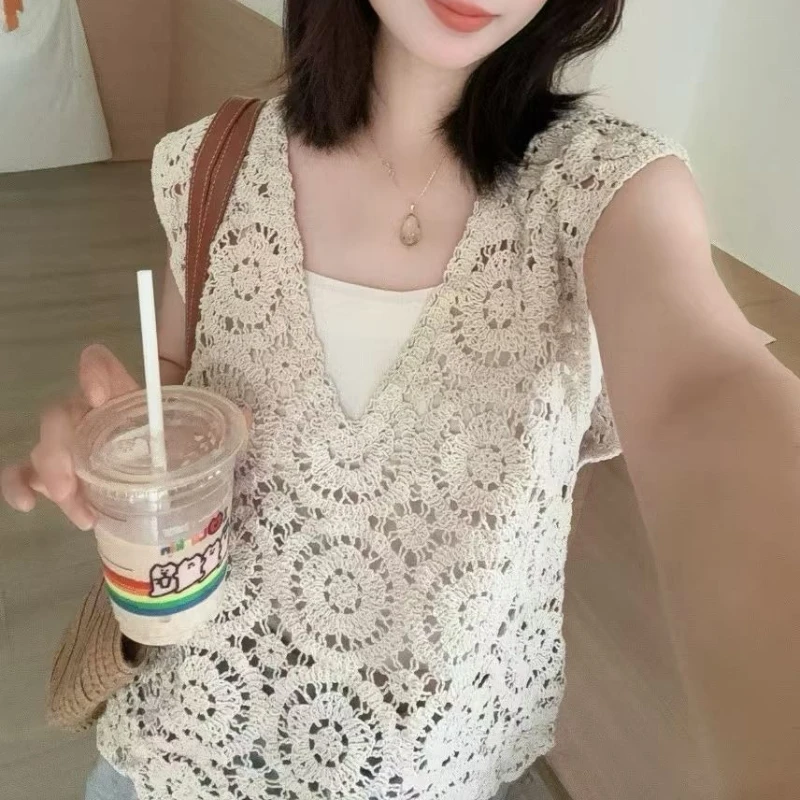 Floral Crochet Tank Top Lace-Up Back Sleeveless Open-stitch Knit Top Vest Boho Spring Summer 2026 Festival Beach Resort Wear