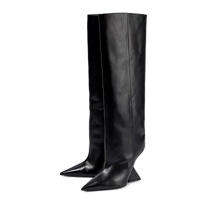 Arden furtado 2024 preto joelho botas altas para mulher dedo do pé apontado bezerro largo pull-on cunhas salto alto azul branco elegante botas bronzeadas