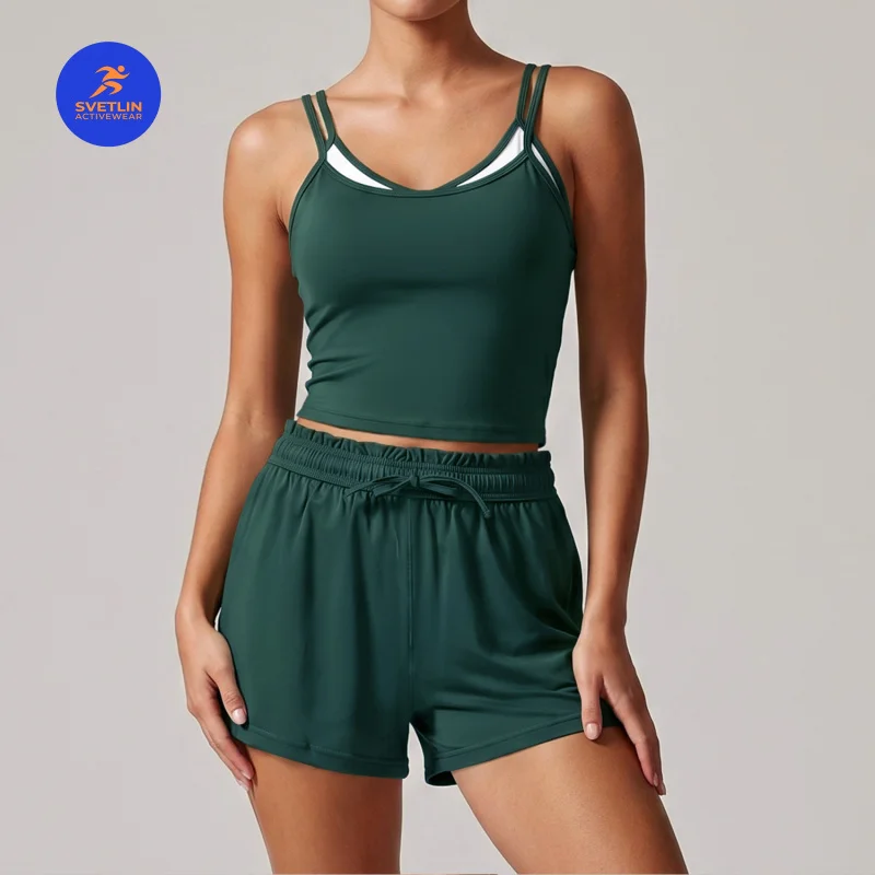 SVETLIN Women Yoga Outfit Sheer Camisole Top Athletic Shorts Set Fitness Running Tennis Training Pilate Workout Sports Wear Set