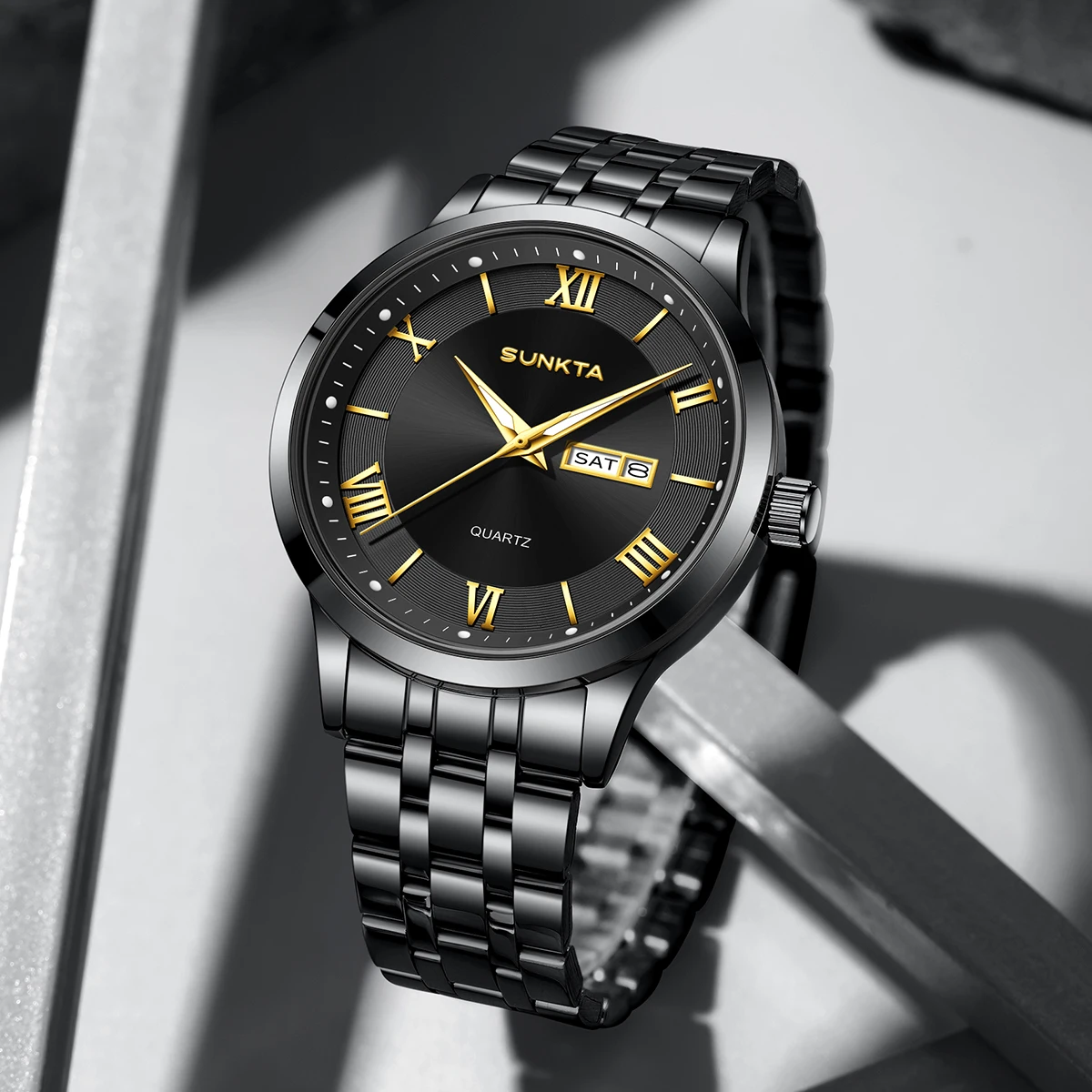 SUNKTA Black Men's Watches Waterproof Calendar Night Light Fashion Mens Watches Wrist Luxury Quartz Roman Numeral Reloj Hombre