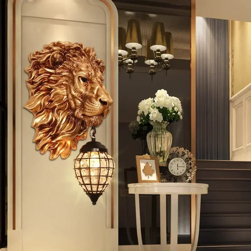 American Retro Creative Lion Head Wall Lamp Resin Led Wall Lamp Living Room Restaurant Hallway Bar Counter Home Decor Lighting