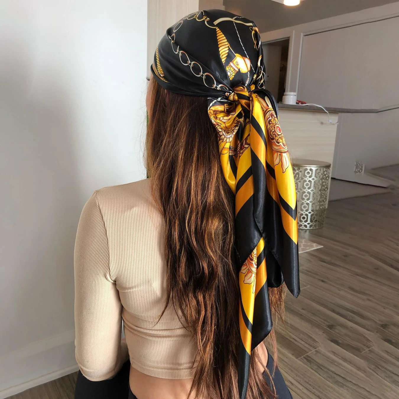 90*90cm Hair Scarf Women Fashion Designer Beautiful Flowers Foulard Soft Satin Shawl Kerchief Square Silk Scarfs Neck Headscarf