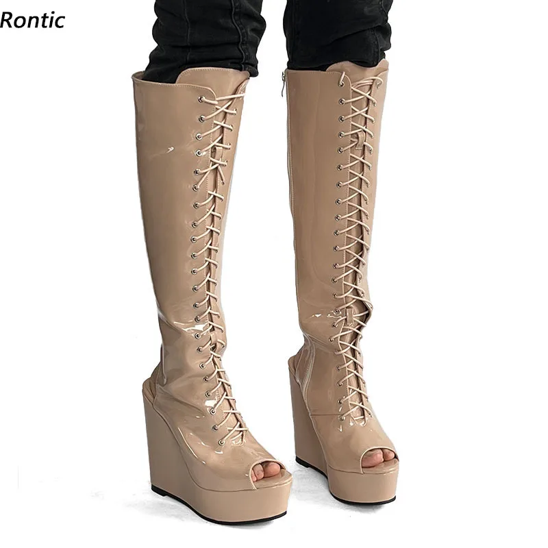 

Rontic Handmade Women Knee Boots Stiff Patent Leather Wedges Heels Peep Toe Beautiful Nude Dress Shoes Ladies US Size 5-20