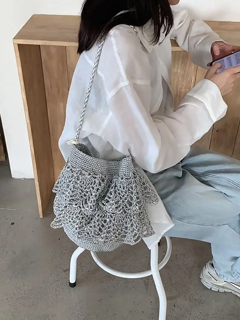 Fashion Hem Bucket Bags for Women Shoulder Bag Gold Thread Crochet Women's Bag New Ruched Knitting Crossbody Bags Purses