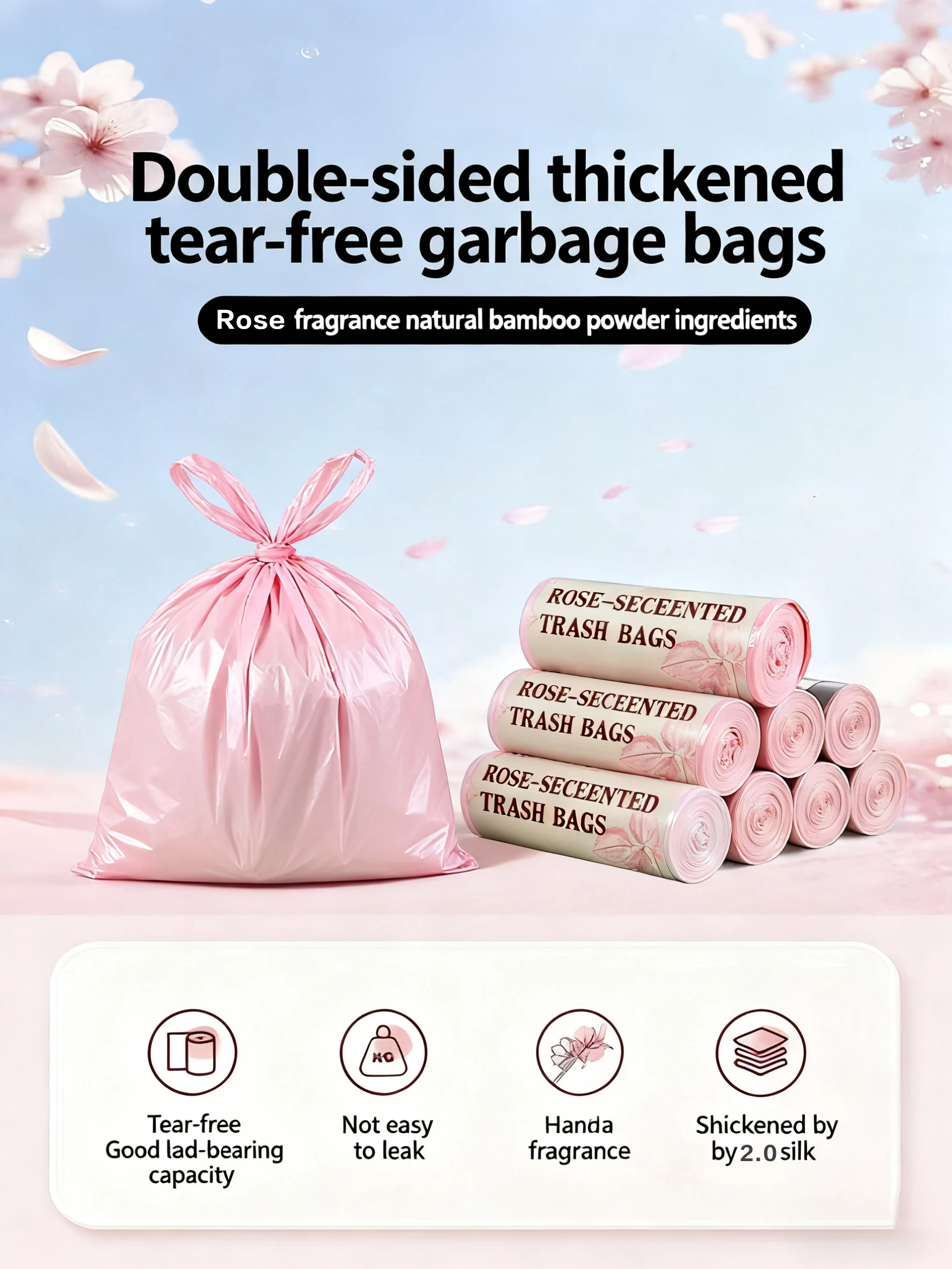 50-200PCS Pink Drawstring Trash Bags, 4 Gallon Rose Scented Garbage Bags, Thickened Disposable Trash Can Liners for Bathroom, Bedroom, Kitchen, Office, Dorm and Apartment
