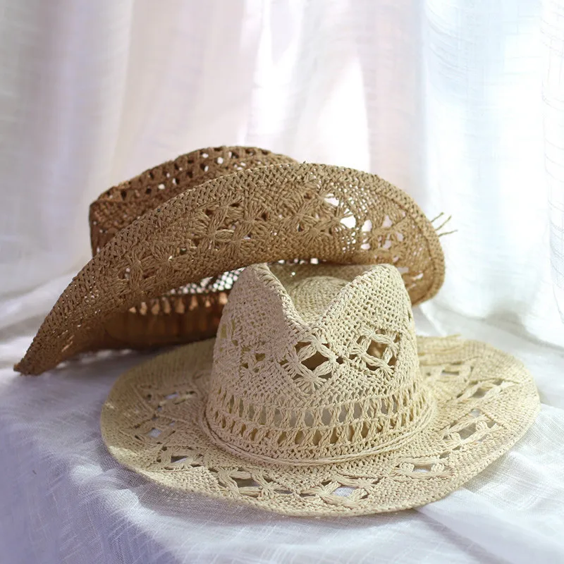 Straw Western Cowboy Hat Hand Made Beach Felt Sunhats Party Cap for Man Woman Curling Brim Cap Sun Protection Unisex Hats