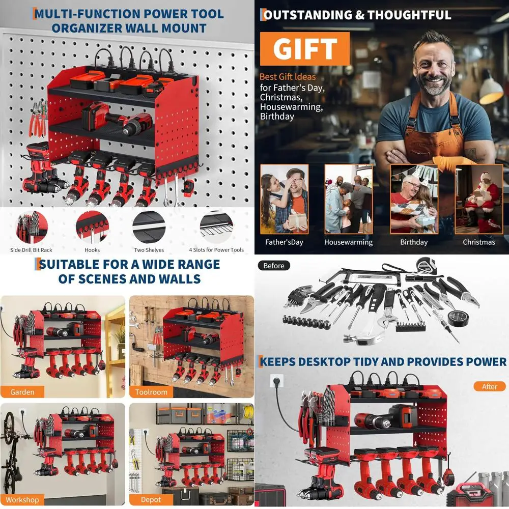 

Трехуровневый настенный органайзер для электроинструментов повышенной прочности с 8 розетками и держателем для 4 дрелей для хранения в гараже