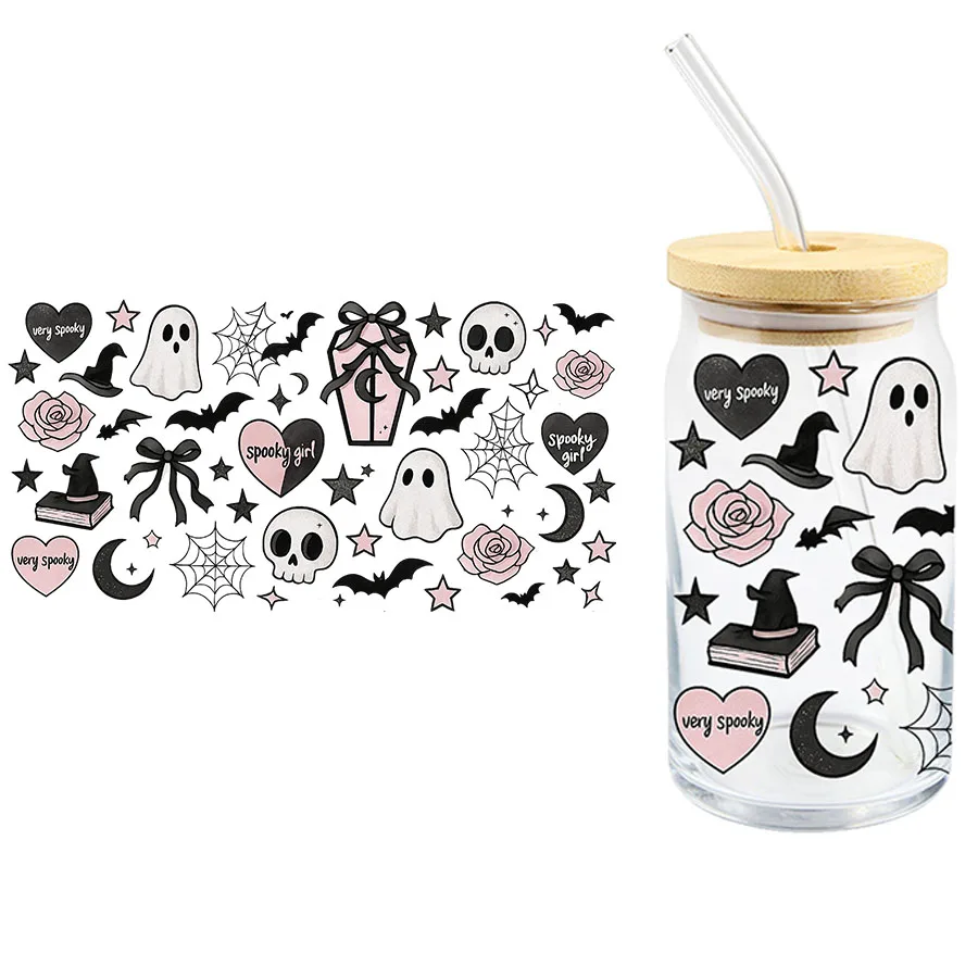 Halloween Rosa Niedliche Geister-Spinnennetz UV DTF 16oz Libbey Glasbecher Dosenfolien Transferaufkleber Kaffeetassen Heimparty-Deko