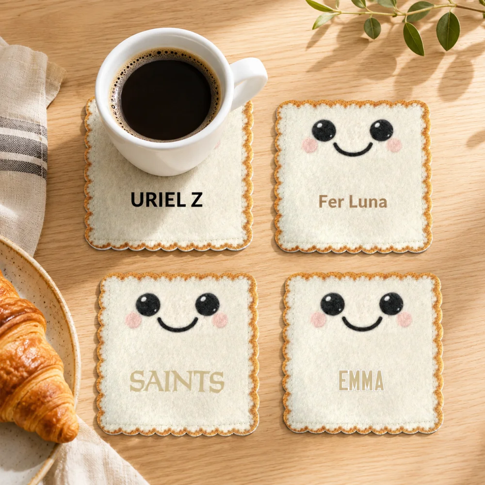 Custom Personalized Name Felt Coaster 4Pcs Cute Toast Bread Shape Cup Mat Non‑Slip Drink Coaster 10x10cm Home Table Decor Gift