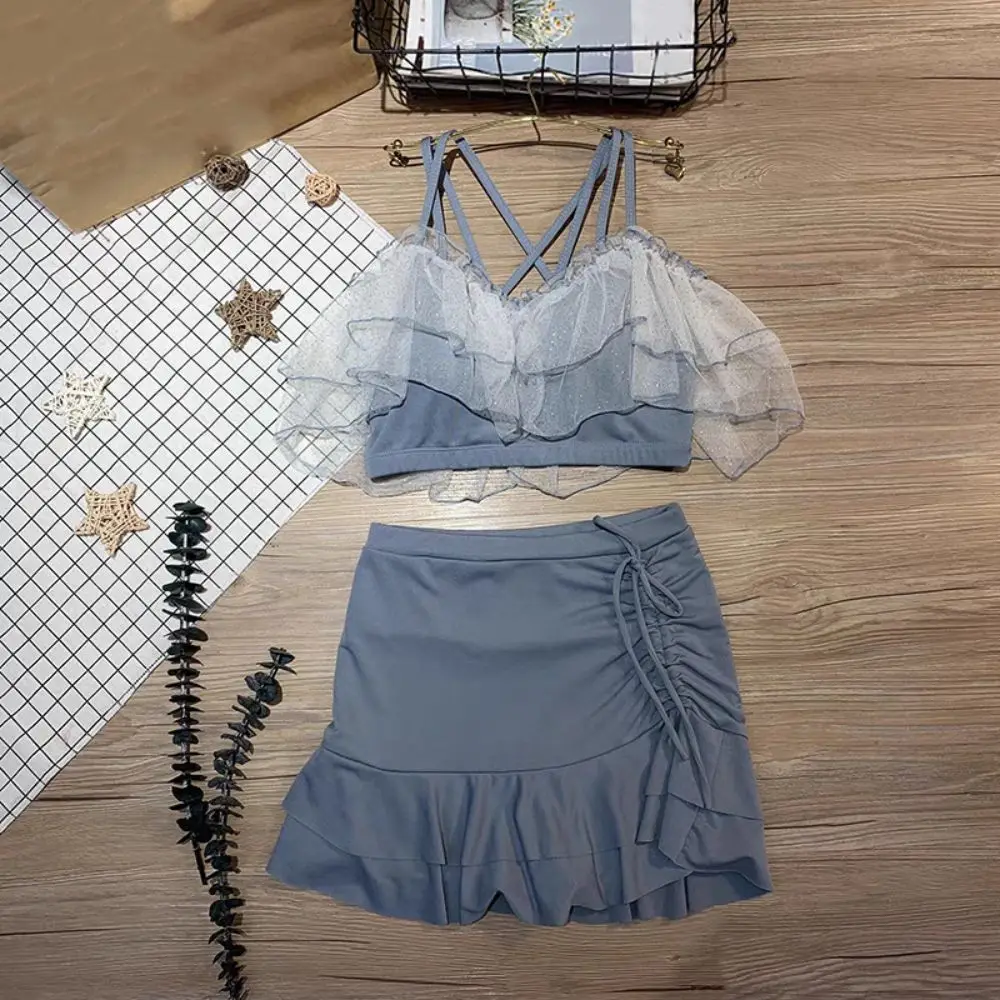 

Ins Slim Fit Юбка-трапеция Купальник с открытыми плечами Пуф с рюшами Кружева с рюшами Купальный костюм Пляжная одежда Комплект из двух предметов Купальники Отдых