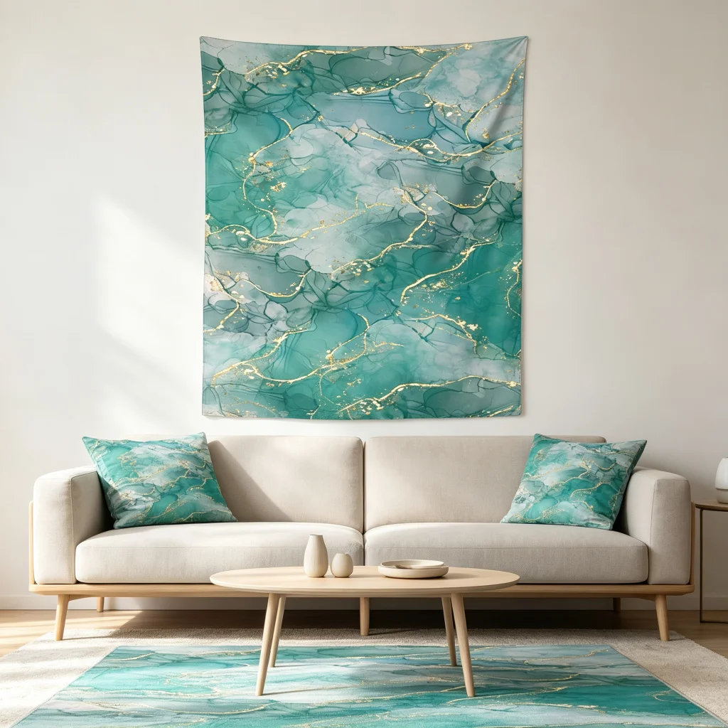 1PC Teal Marble Gold Texture Print Backdrop Banner, Bedroom Living Room Photo Background, Polyester, Home Decor, Wall Art