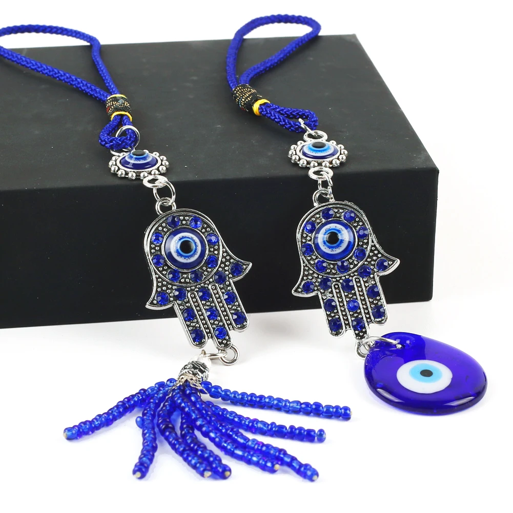 Alloy Hand of Fatima Turkish Eye Pendant Tassel Blue Eye Charm Rearview Car Hanging Pendant Amulet Home Decoration Wall Ornament